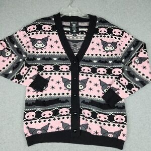 BoxLunch Cardigan Sweater Women M Pink Kuromi Sanrio Fair Isle Skull Bat Knitted